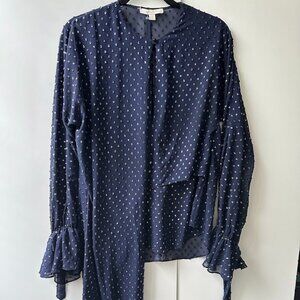 Jonathan Simkhai Sheer Metallic Wrap Poet Sleeves Blouse Midnight Blue Size S